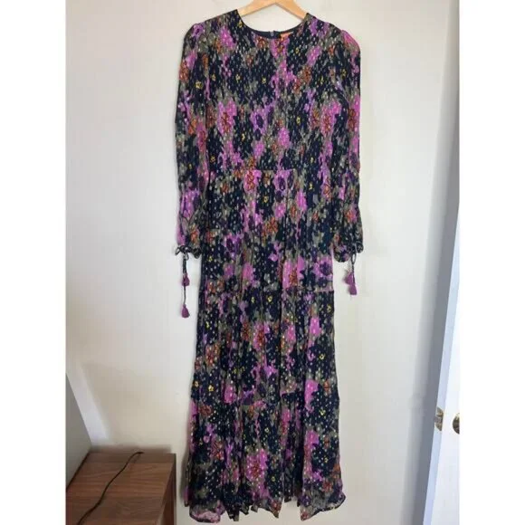 NEW Oliphant Smocked Top Long Sleeve Maxi Dress Suzani Navy Size: XS